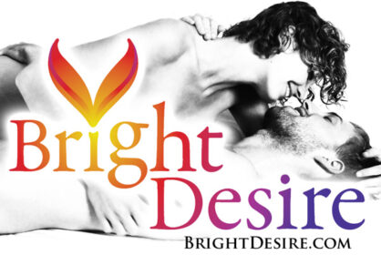 A smiling couple in black and white embraces behind the logo of Bright Desire